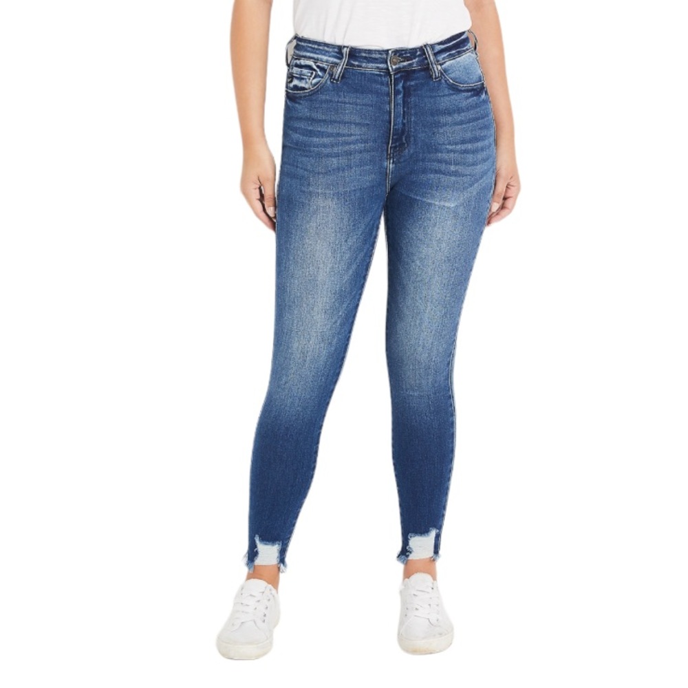 Kancan High Rise Dark Ripped Hem Skinny Jeans in dark sandblast wash size 25
